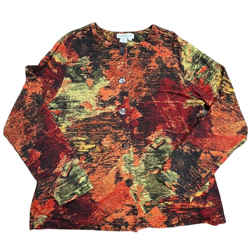 Coldwater Creek Crinkle Abstract Button Front Cardigan Textured Womens L